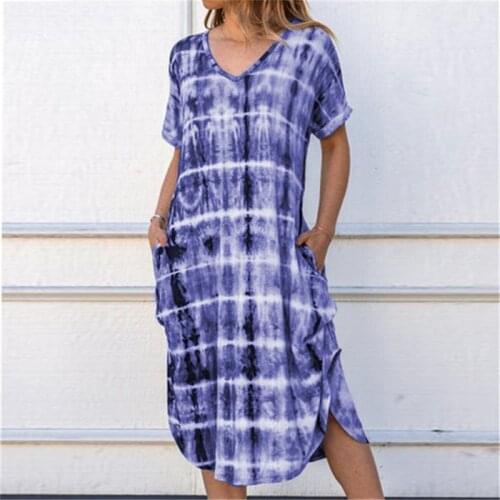 Casual Summer Women Print Dress 2021 Short Sleeve V-Neck Gradient Color Plaid Mid Dress Pockets Side Splited Big Size Vestido