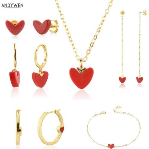 ANDYWEN 925 Sterling Silver Gold Red Heart Love Stud Earring Drop Piercing Hoops Bracelet Choker Chain Necklace Jewelry Set Gift