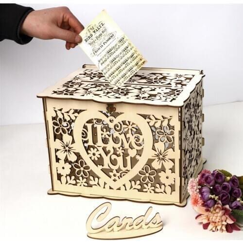 Signature Guest Box Wedding Card Box DIY Hollow Wooden Gift Card Box Money Box Holder for Reception