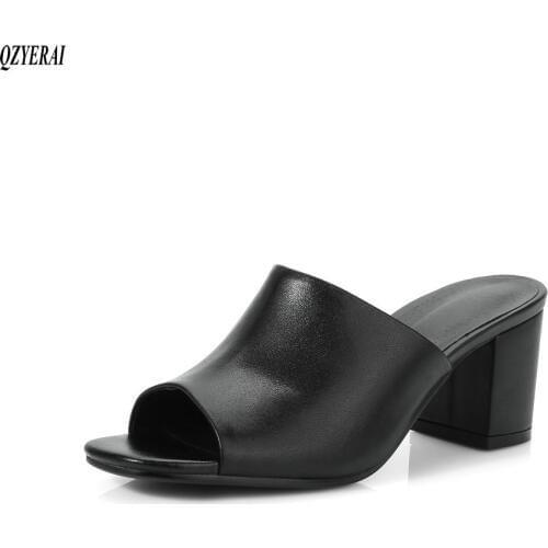 Genuine leather Slippers women new European style 5.5cm heels sandals black and white genuine cowhand womens shoes size 34-41