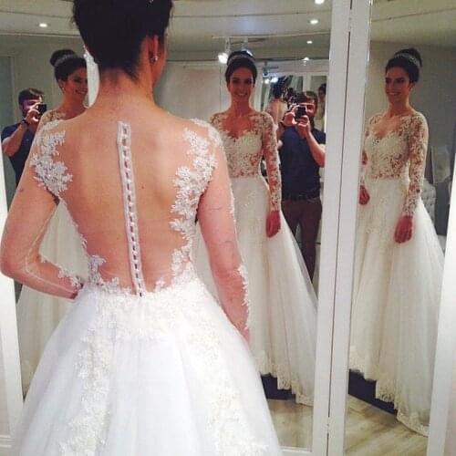 JIERUIZE Vintage Lace Appliques Long sleeves Wedding Dresses Buttons Sheer Back Wedding Gowns Bride Dress robe de soiree