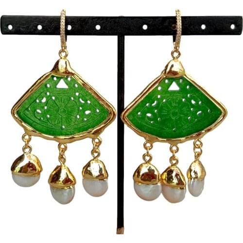 Y·YING Cultured White Coin Pearl Green Sector Shape Jades Carved Dangle Earrings Classical Women Jewelry