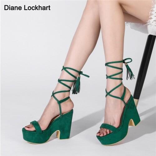 Summer new Women Sandals Square High Heel Platform Flock Casual Pumps Cross strap Peep Toe Female Shoes Zapatos De Mujer 36-43