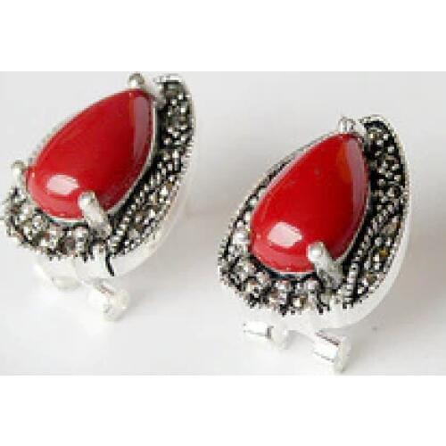 Ladys generous Natural Stone 925 Inlay RED CORAL Stud Earrings natural stone earring big 925 earringsWomen Party