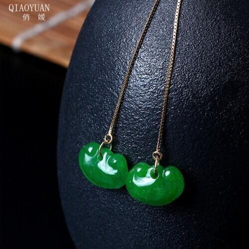 925 sterling silver earings gold jade earrings Jasper vintage jewelry long Dry green safety lock emerald earrings for women