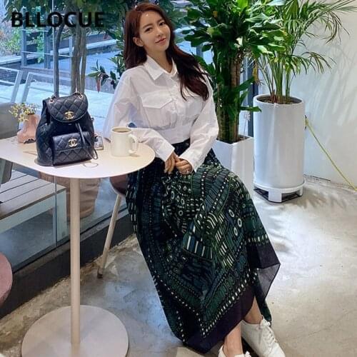 BLLOCUE Fashion Office Women Two Piece Set Long Sleeve White Cotton Shirt Top + High Waist Green Fashion Print Skirts Set