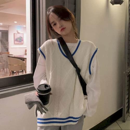 2021 Spring Autumn Sweater Knitted Vest Korean Top for Women Clothing Oversize Vintage Sleeveless Kawaii Harajuku V-Neck Striped