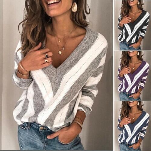NEW Women Autumn Warm V Neck Long Sleeve Loose Knit Pullover Sexy Jumper Sweater Fashion Casual Soft Patchwork Bottom Sweater