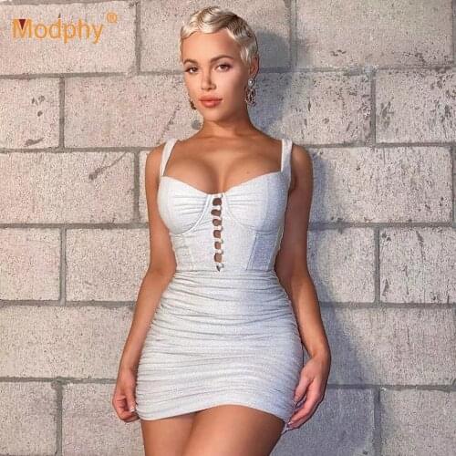 Fashion Silver Shiny Dress Sexy Sleeveless Single Breasted Bodycon Club Celebrity Evening Party Spaghetti Strap Dress 2021 Summe
