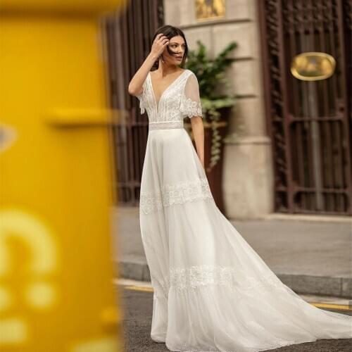 Wedding Dress Boho 2021 Vintage Chiffon Soft Lace Beach Simple Sweep Train V-Neck Backless Robe De Mariee Gorgeous For Women