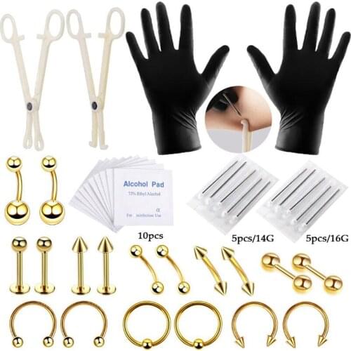 42/49pc Tongue Nose Belly Button Body Jewelry Piercing Ring Clamp Gloves Needles Tool Ear Plug Prong Earring Internally Threaded