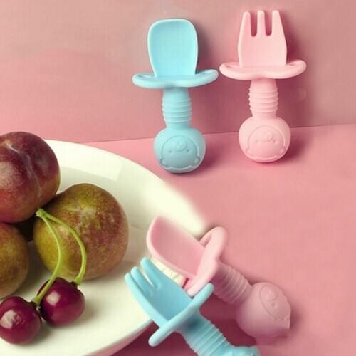 Baby Feeding Spoon Fork Set Short Easy Spoon Soft Silicone Utensil Teether Toys Non-hurt Training Tableware with storage box