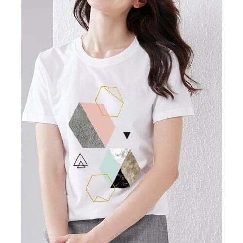 T-shirt Classic White Ladies Slim Basic Top Hexagon Design Pattern Series Printed O-Neck Commuter Breathable Ladies Short Sleeve