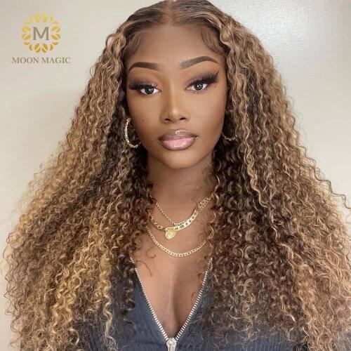 Highlight Wig Honey Blonde Curly Human Hair Wig Lace Front Wigs for Woman Brazilian Brown Color Deep Water Wave 150% Pre-Plucked
