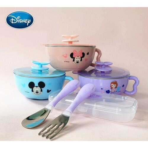 Disney baby Cartoon Stainless Steel Bowl 316 fork spoon set infant tableware children princess Mickey