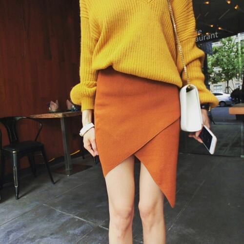 Fashion Mini Skirts Womens Female Solid Knitted Autumn Winter Skirt Sexy Lady High Waist Asymmetric Skirt W4