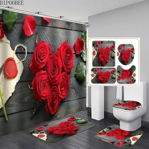 3D Red Rose Shower Curtain Set Bath Mats Rugs Beautiful Flowers Printed Toilet Cover Anti-slip Carpet for Bathroom Decoration