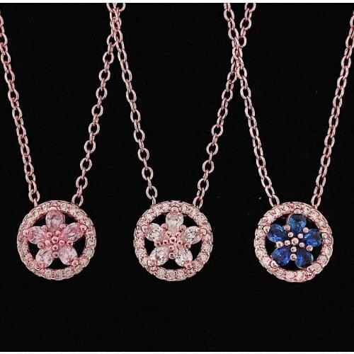 Original Rose Sparkling Snowflake Collier With Clear Pink Crystal Necklace For 925 Sterling Silver Necklace Pandora Diy Jewelry