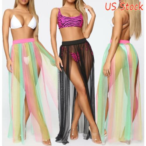 Sexy Ladies Women High Waist Mesh See Through Loose Holiday Casual Bathing Beach Bikini Cover Ups Perspective Maxi Split Skirts