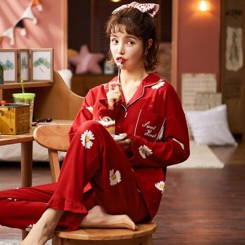 6535Cotton Turn-down Collar Button-Down Long Sleeve Trousers Pajama Jammies Autumn Winter Girl Lady Women Nightwear Pyjamas NLZM