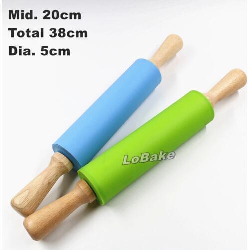 Latest 38cm length 20cm mid.5cm diameter silicone rolling pin with wooden handle dough pressing dumpling maker cooking gadgets