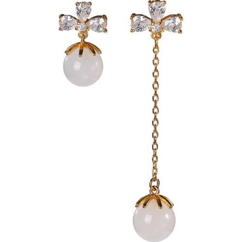 S925 sterling silver gold-plated Hetian white jade stud earrings elegant asymmetry round beads earring pendant for ladies