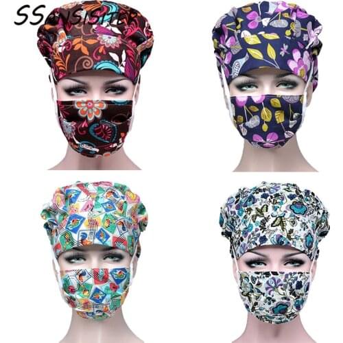 Women Scrub Caps Sets Flower Printed Cotton Sweatband Bouffant Hats Beauty Salon Pet Shop Working Cap Adjustable Nursing Hats