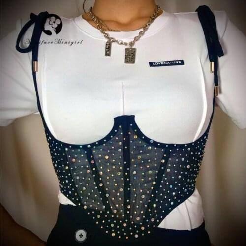 Cummerbunds Corset Top Camis Women Drill Rhinestone Bling Sequins Patchwork Mesh Glitter Waist Cincher Bandage Lace up Underbust