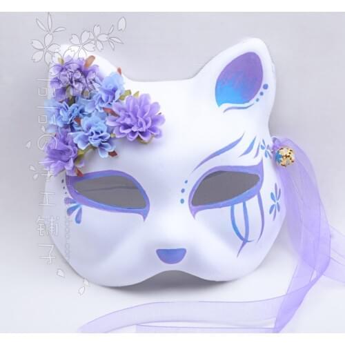 Japanese kimono fox cat mask hand painted anime purple blue gradient silk flower bell cosplay