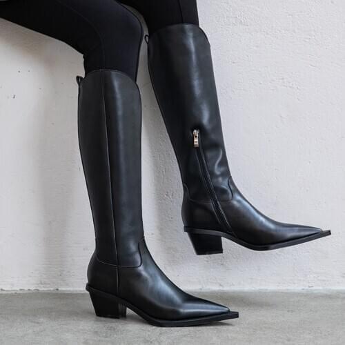 100% cow Leather Chelsea Boots low Heels Women knee high Boots Spring Autumn casual Shoes woman