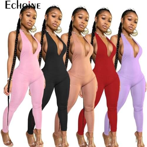 Echoine Summer sexy women club night party halter neck open back v neck bodycon sleeveless jumpsuit one piece romper overalls