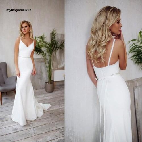 Mermaid wedding dress white simple v-neck double shoulder strap soft satin elegant backless long bridal gown 2020 Wedding Dress