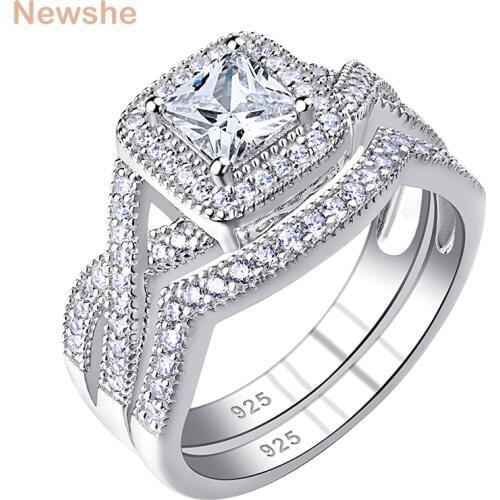 Newshe Solid 925 Sterling Silver Wedding Rings for Women Princess Cut AAA Zircons Engagement Bridal Sets Classic Jewelry BR0832