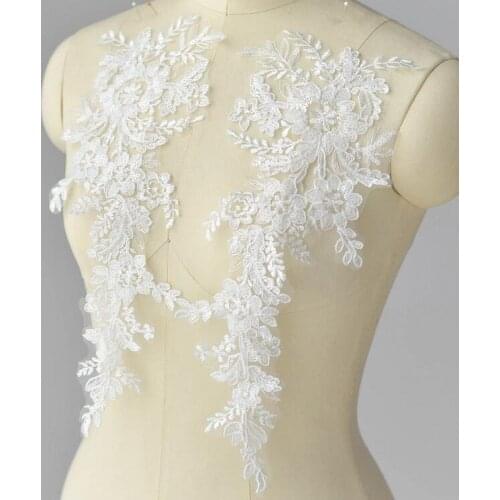 1 Pair 37*21cm Embroidery Off White Lace Fabric Venise Venice Lace Mirror Flower Sequin Motif Sewing Applique