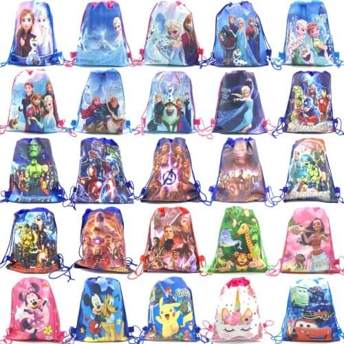 12/60Pcs Disney Cars Princess Sofia Frozen Moana Snow White Minnie Mickey Non-woven Fabrics Shopping Bag Drawstring Backpack