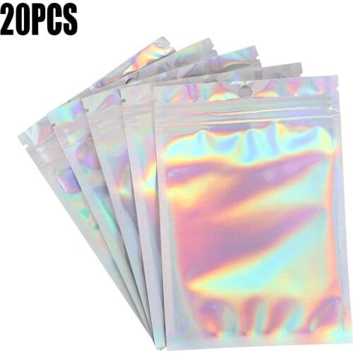 20Pcs Iridescent Bags Pouches Cosmetic Plastic Laser Iridescent Bags Holographic Makeup Bags Hologram Zipper Bags