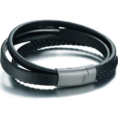 2021 Fashion Stainless Steel Leather Material Three Circles Suitable For Mens Korean Style Black Domineering Bracelet