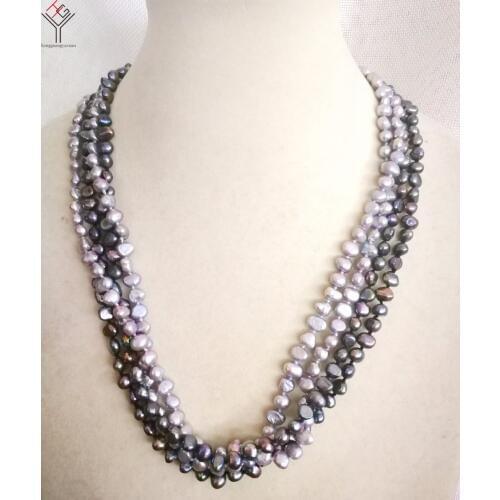 60cm 24inch Women fashion Jewelry 4 Rows necklace natural pearl 6x7mm gray black colors baroque freshwater pearl