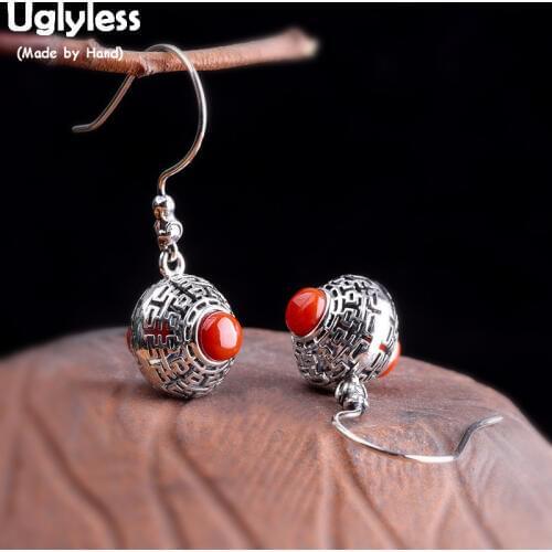 Uglyless China Chic XI= Happy Earrings for Women Thai Silver Hollow Balls Earrings Agate Moon Stones Brincos 925 Silver E1660