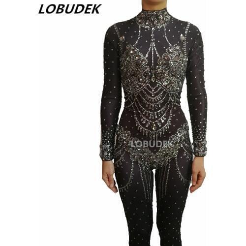 Sparkly Gray Rhinestones Jumpsuit Birthday Celebration Outfit Sexy Nightclub Women DJ Singer Host Stage Wear Party Dance Costume