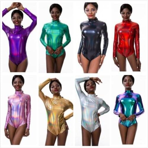 Bling Wet Look Patent Leather Bodysuit Long Sleeve Zipper High Waist Bodycon Jumpsuit Women Sexy Overalls Music Festival Stage