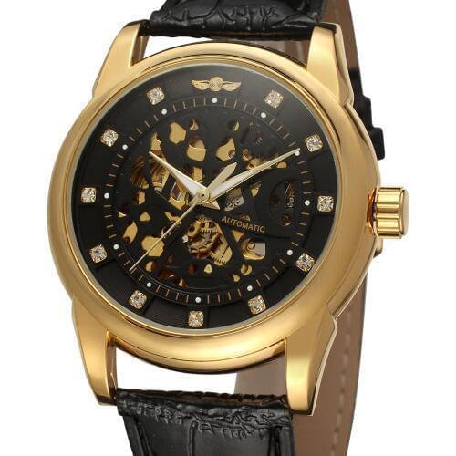 WINNER WATCH golden shining surface with diamond black leather strap mens automatic watch