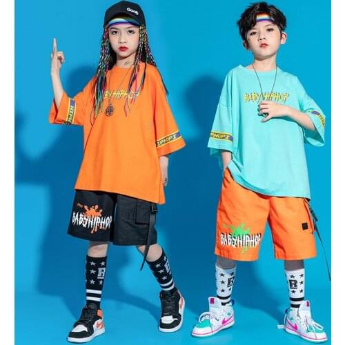 Kids Hip Hop Outfit Stage Clothing Wear Oversize Tshirt Streetwear Summer Cargo Shorts For Girls Boys Jazz Dance Show Costume