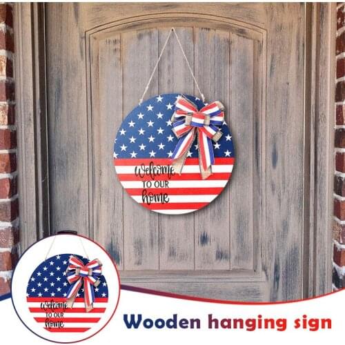 Welcome Wooden Sign Round Door Sign Patriotic Independence Day Hanging Sign Front Door Home Decor A1
