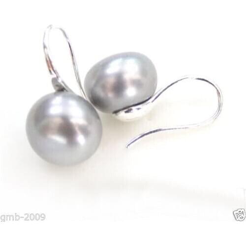 Hot sale new Style >>>> 11-12mm Genuine Natural Silver Gray Freshwater Pearl Sterling Silver Earrings