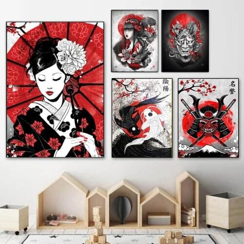 Japanese Samurai Geisha and Yin-Yang Fish Oil on Canvas Painting Wall Art Poster and Prints Wall Art Picture for Living Room