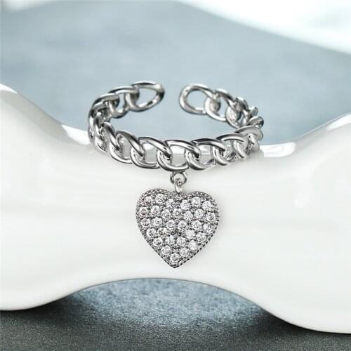 White Crystal Zircon Cute Heart Pendant Ring Vintage Fashion Open Chain Rings For Women Gold/Rose Gold/Silver Color Stone Ring