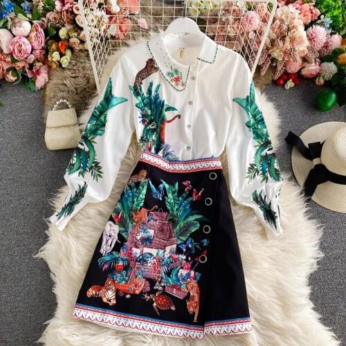 Menahem Autumn Flower Animal Print Two Piece Set Women Long Lantern Sleeve Cartoon Blouse Shirt + Button Split Skirt Suit