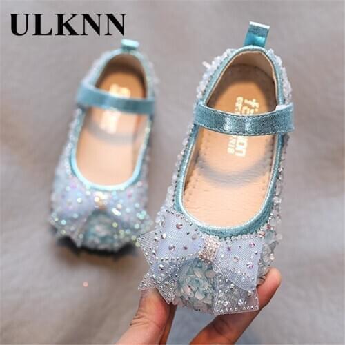 ULKNN Baby Girls Leather Shoes Kids Sweet Princess Flats Childrens Mary Janes With Floral Printed Rhinestone Buckle Fashion