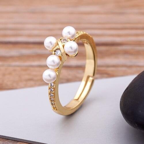 Fashion Exquisite Simple Freshwater Pearls Zircon Gold Opening Rings Cross Shape Adjustable Jewelry Wedding Party Luxury Ring